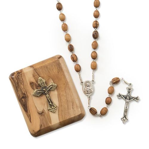 Olive Wood Rosary & Box Crucifix On Box
