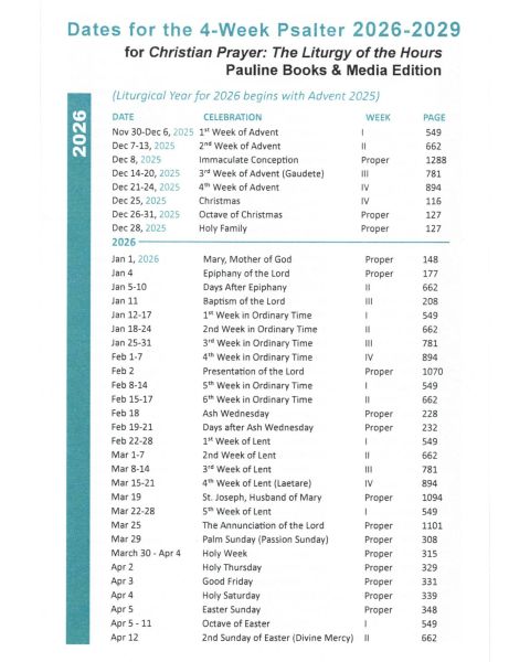 Dates for 4 Week Psalter 2026-2029 Christian Prayer-Pauline Edition